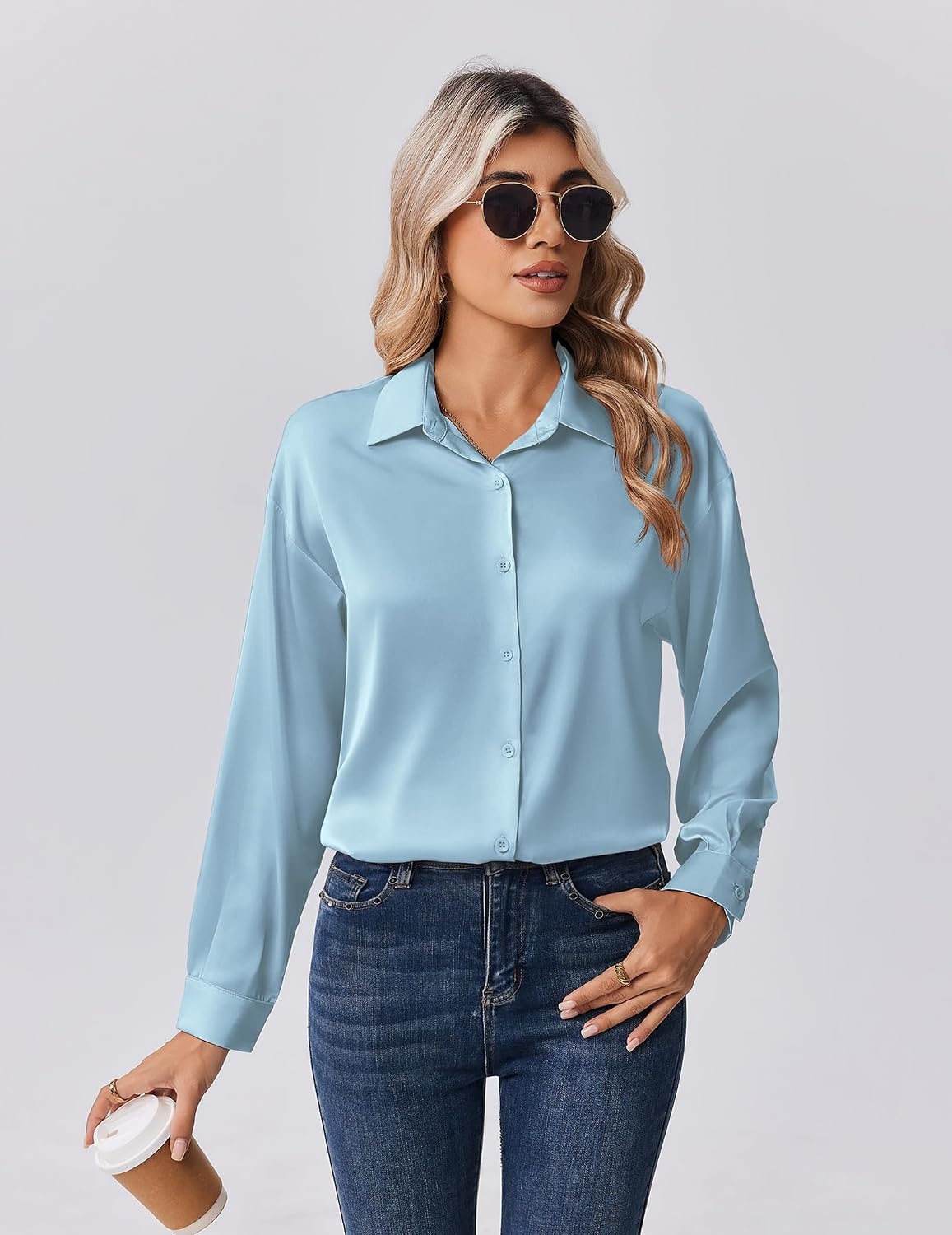 image:imageZeagoo Womens Tops Long Sleeve Satin Silk Button Down Shirts Dressy BlousesLight Blue