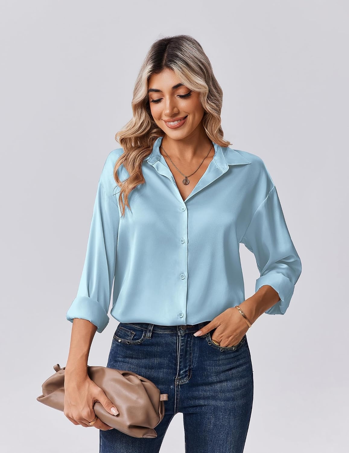 image:imageZeagoo Womens Tops Long Sleeve Satin Silk Button Down Shirts Dressy BlousesLight Blue