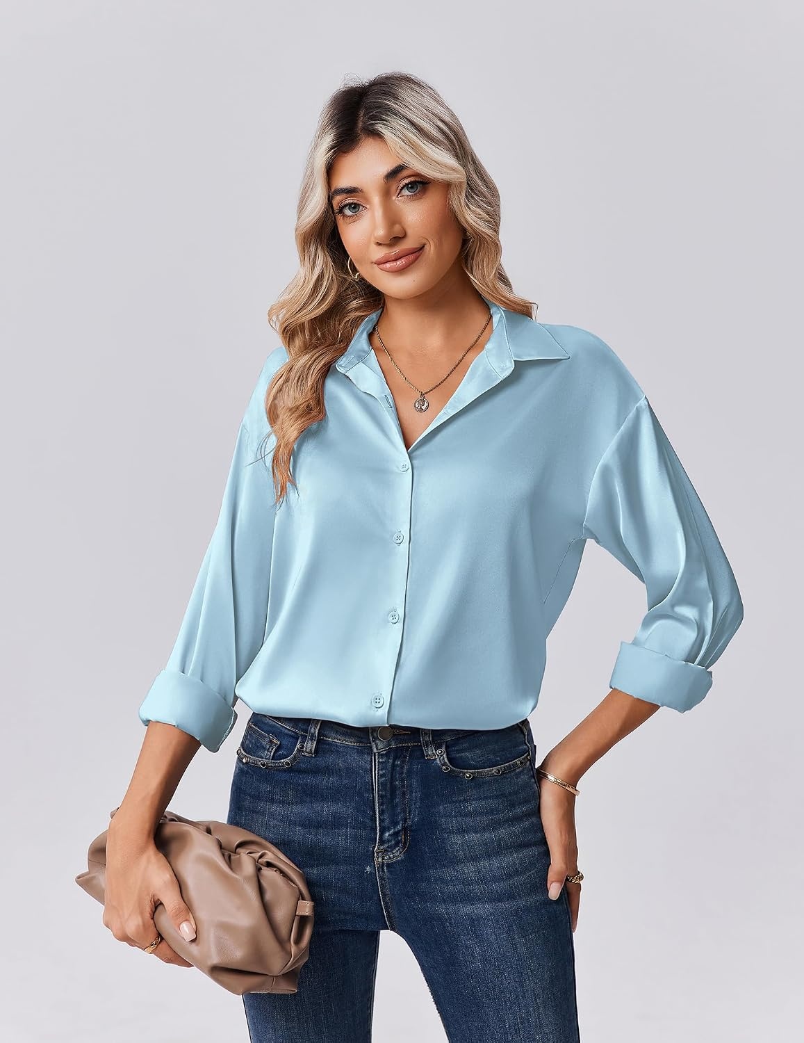 image:imageZeagoo Womens Tops Long Sleeve Satin Silk Button Down Shirts Dressy BlousesLight Blue