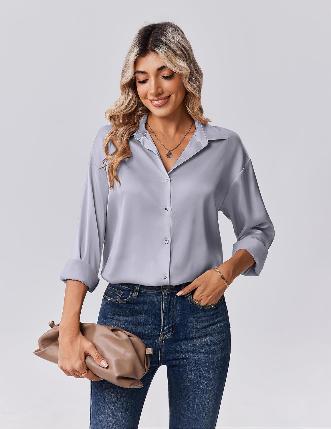 image:imageZeagoo Womens Tops Long Sleeve Satin Silk Button Down Shirts Dressy BlousesLight Grey