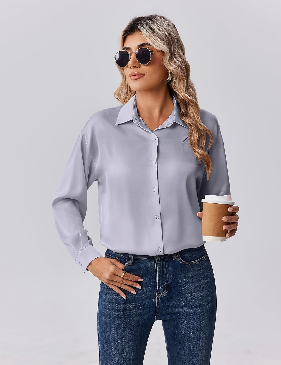 image:imageZeagoo Womens Tops Long Sleeve Satin Silk Button Down Shirts Dressy BlousesLight Grey