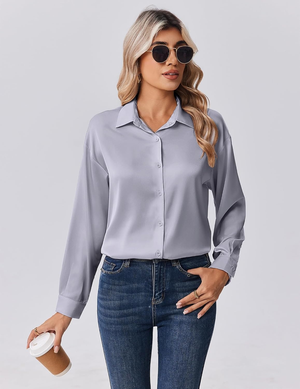 image:imageZeagoo Womens Tops Long Sleeve Satin Silk Button Down Shirts Dressy BlousesLight Grey