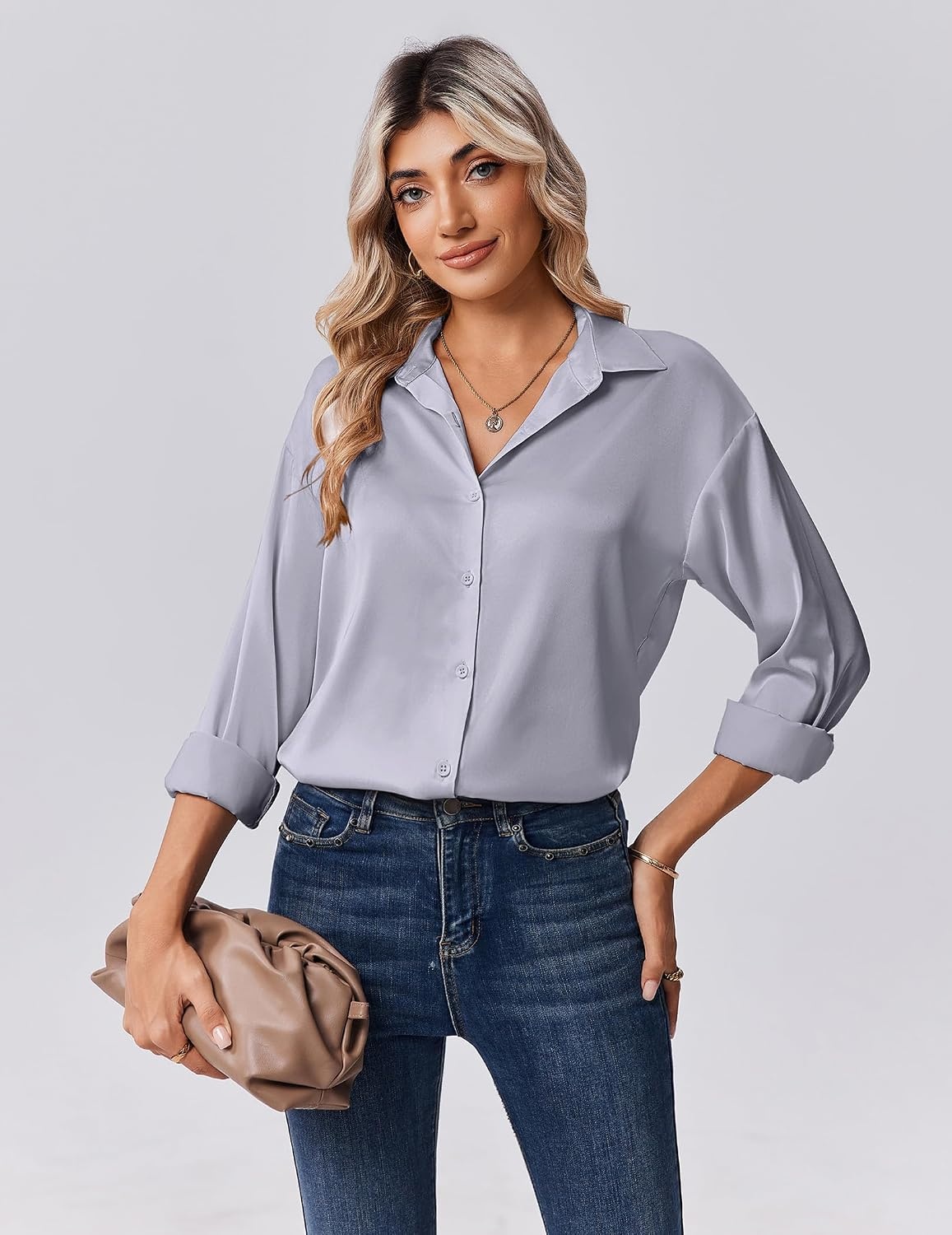 image:imageZeagoo Womens Tops Long Sleeve Satin Silk Button Down Shirts Dressy BlousesLight Grey