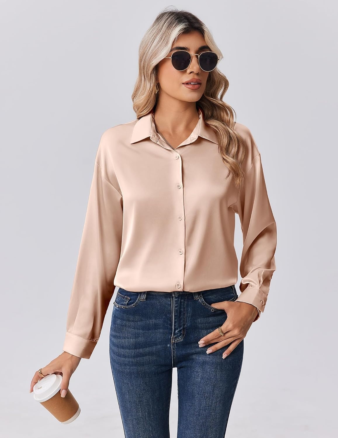 image:imageZeagoo Womens Tops Long Sleeve Satin Silk Button Down Shirts Dressy BlousesLight Khaki