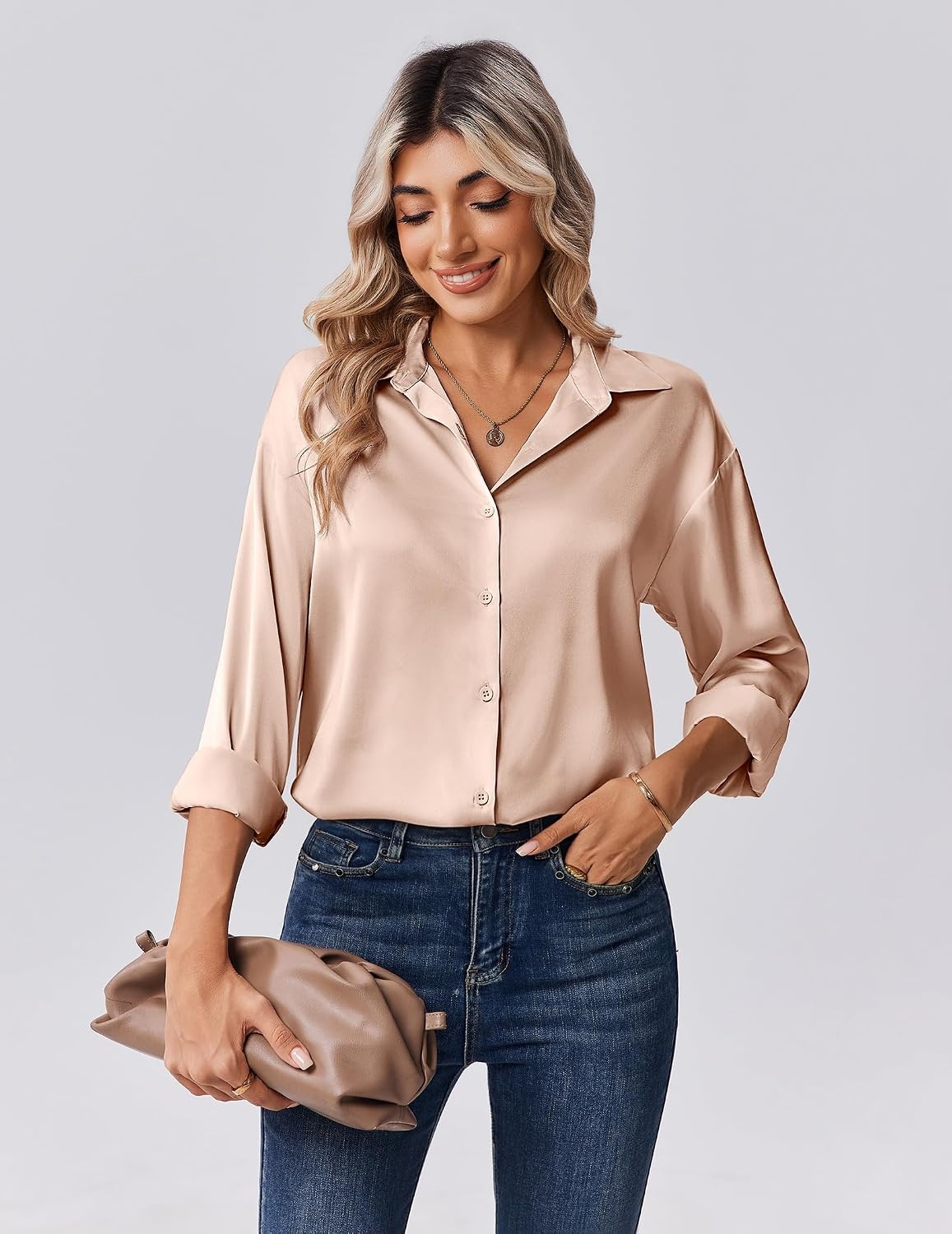 image:imageZeagoo Womens Tops Long Sleeve Satin Silk Button Down Shirts Dressy BlousesLight Khaki