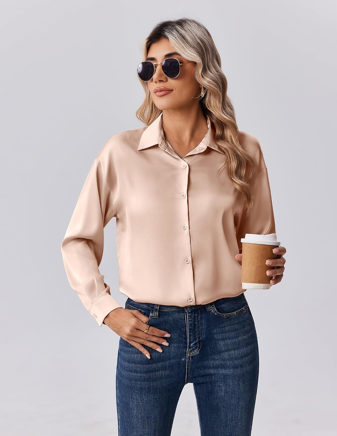 image:imageZeagoo Womens Tops Long Sleeve Satin Silk Button Down Shirts Dressy BlousesLight Khaki