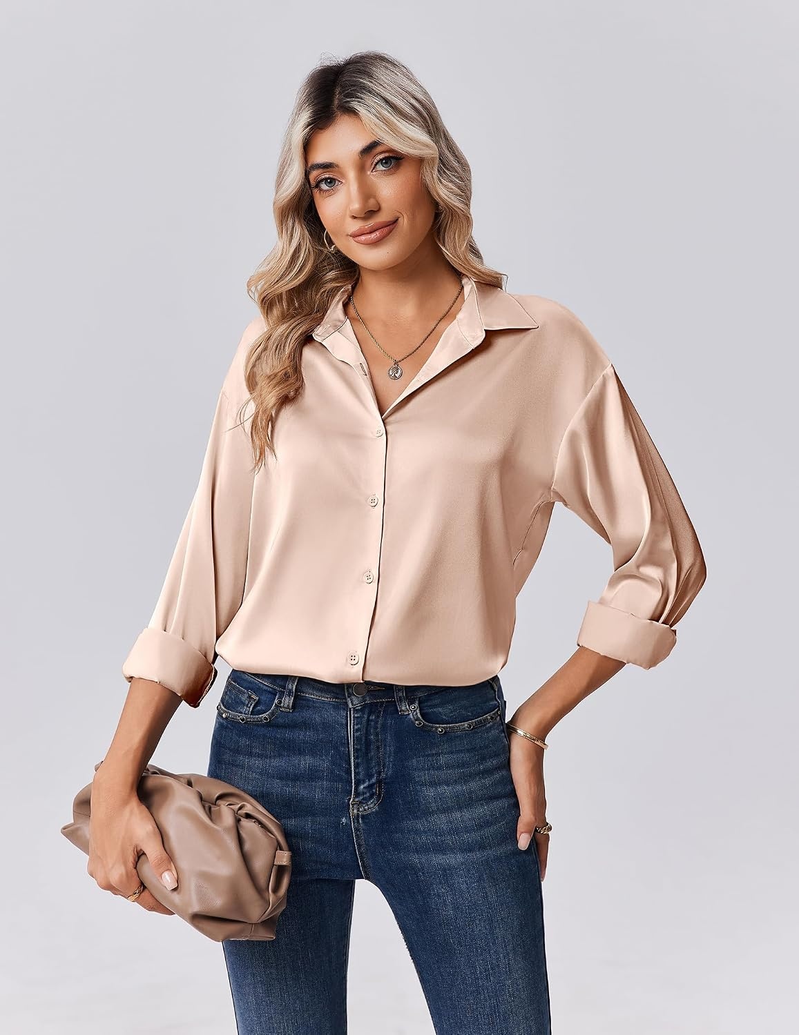 image:imageZeagoo Womens Tops Long Sleeve Satin Silk Button Down Shirts Dressy BlousesLight Khaki