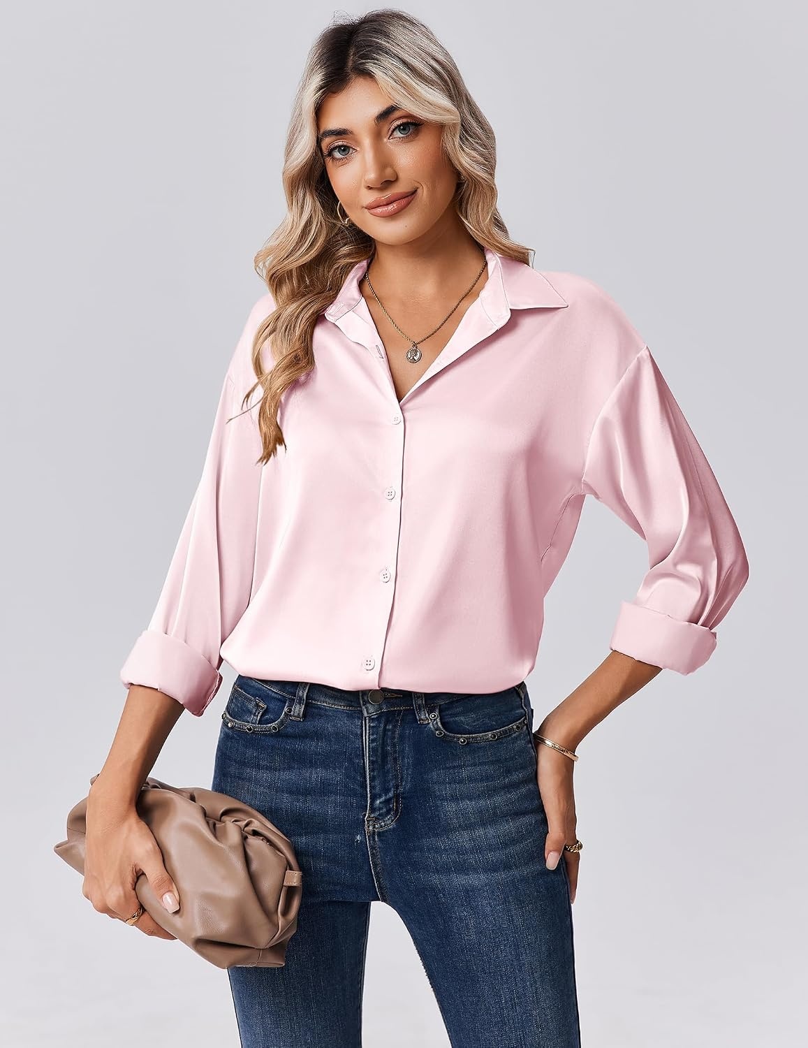 image:imageZeagoo Womens Tops Long Sleeve Satin Silk Button Down Shirts Dressy BlousesLight Pink