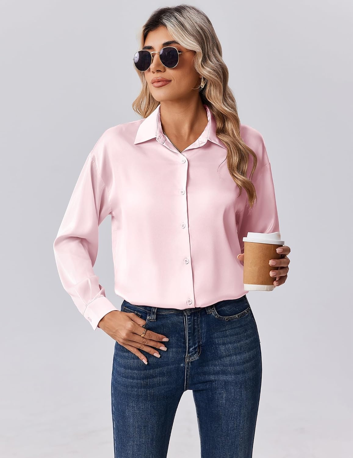 image:imageZeagoo Womens Tops Long Sleeve Satin Silk Button Down Shirts Dressy BlousesLight Pink