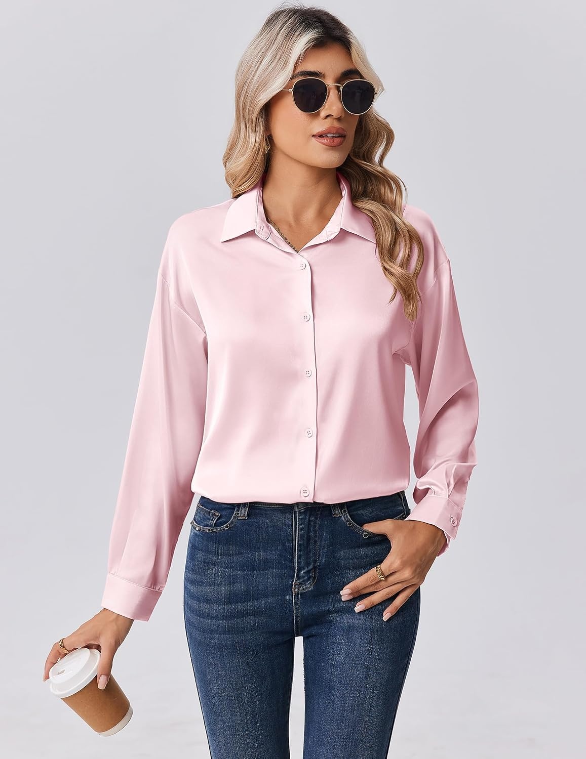 image:imageZeagoo Womens Tops Long Sleeve Satin Silk Button Down Shirts Dressy BlousesLight Pink
