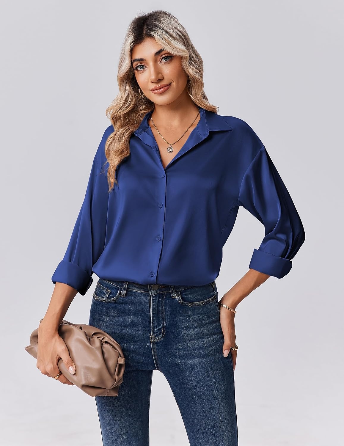 image:imageZeagoo Womens Tops Long Sleeve Satin Silk Button Down Shirts Dressy BlousesNavy Blue