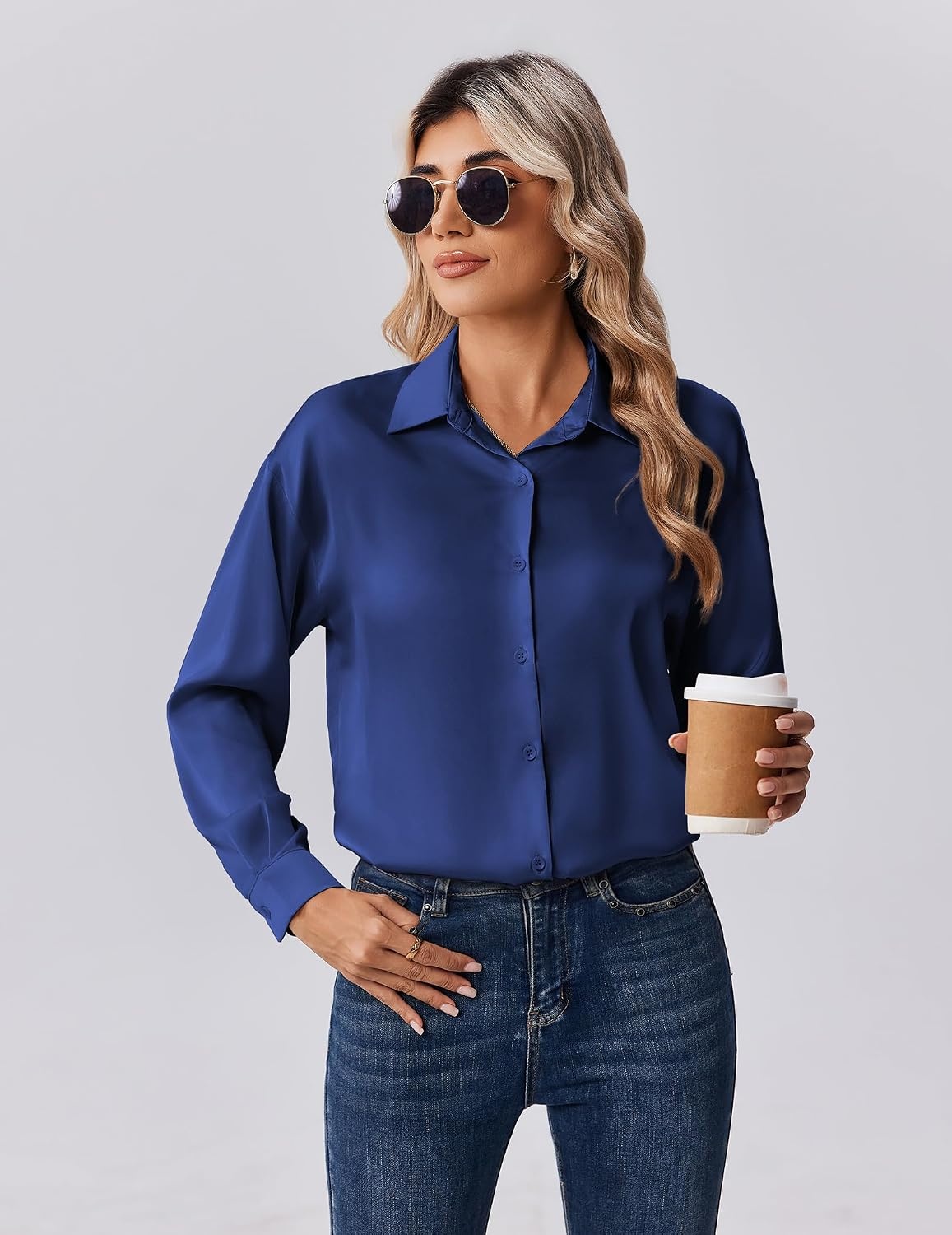 image:imageZeagoo Womens Tops Long Sleeve Satin Silk Button Down Shirts Dressy BlousesNavy Blue