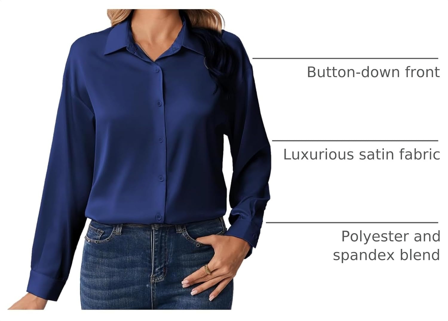 image:imageZeagoo Womens Tops Long Sleeve Satin Silk Button Down Shirts Dressy BlousesNavy Blue