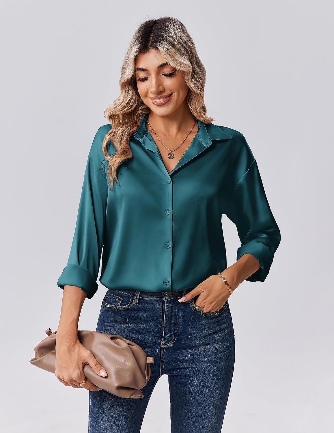 image:imageZeagoo Womens Tops Long Sleeve Satin Silk Button Down Shirts Dressy BlousesPeacock Blue