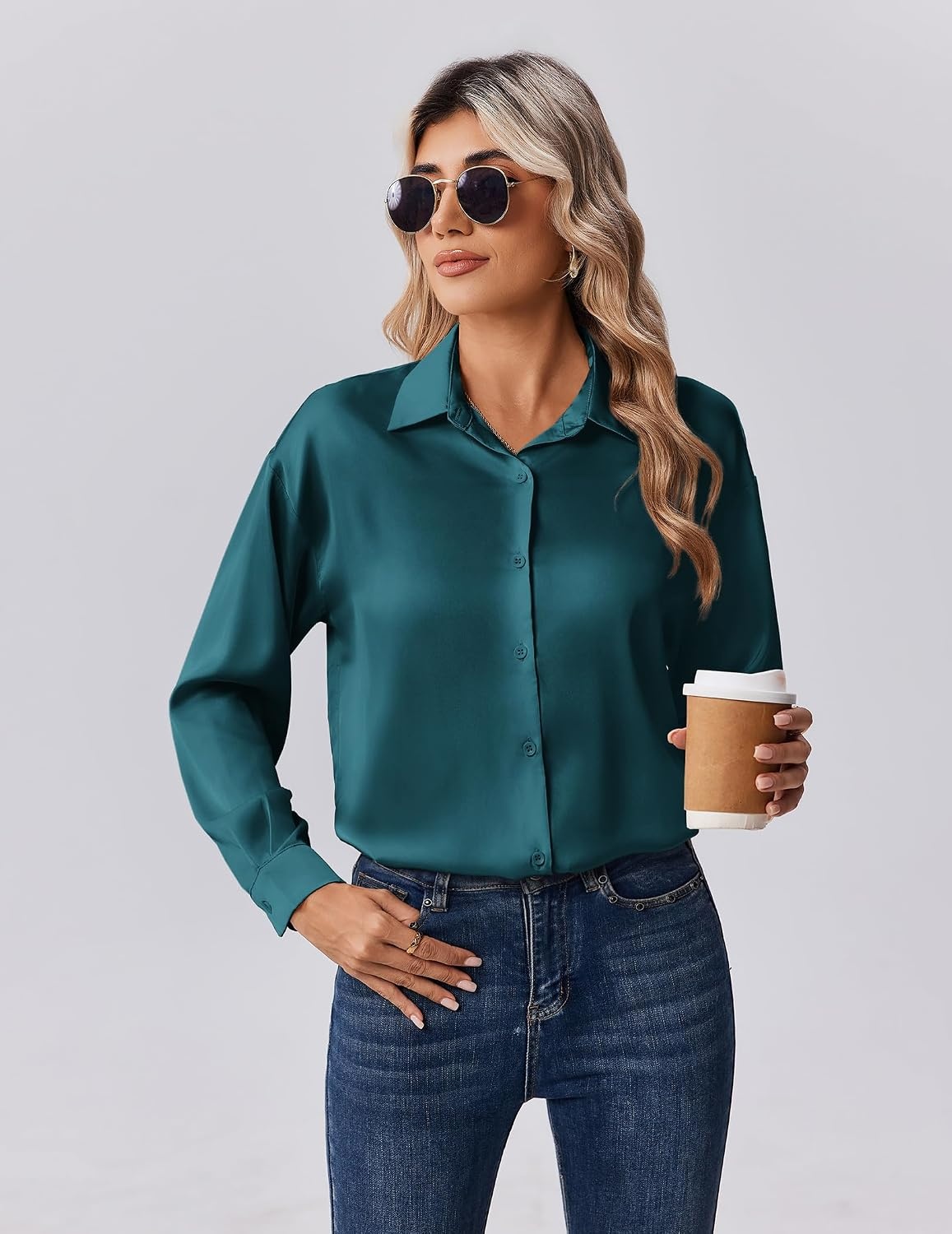 image:imageZeagoo Womens Tops Long Sleeve Satin Silk Button Down Shirts Dressy BlousesPeacock Blue
