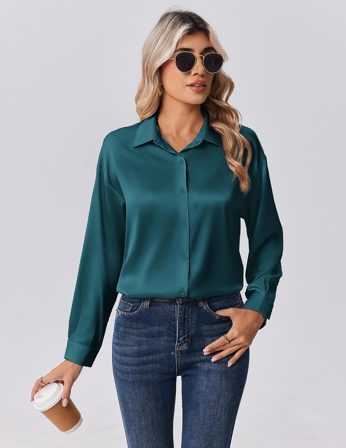 image:imageZeagoo Womens Tops Long Sleeve Satin Silk Button Down Shirts Dressy BlousesPeacock Blue
