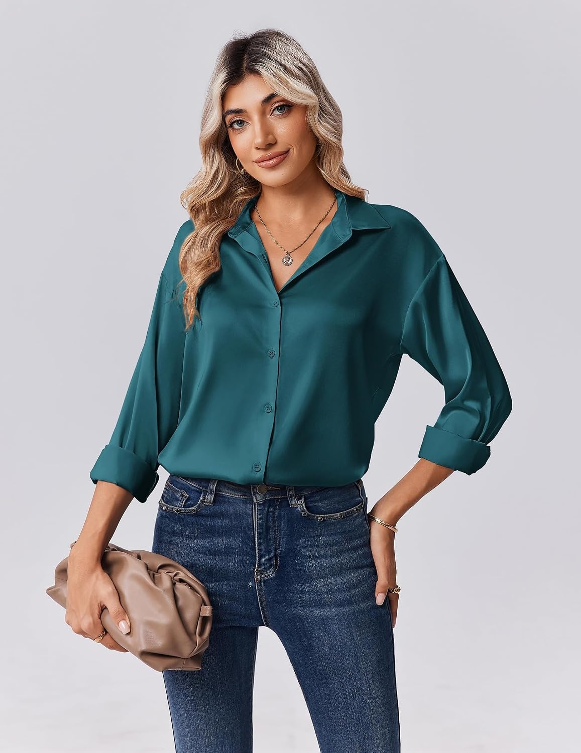 image:imageZeagoo Womens Tops Long Sleeve Satin Silk Button Down Shirts Dressy BlousesPeacock Blue