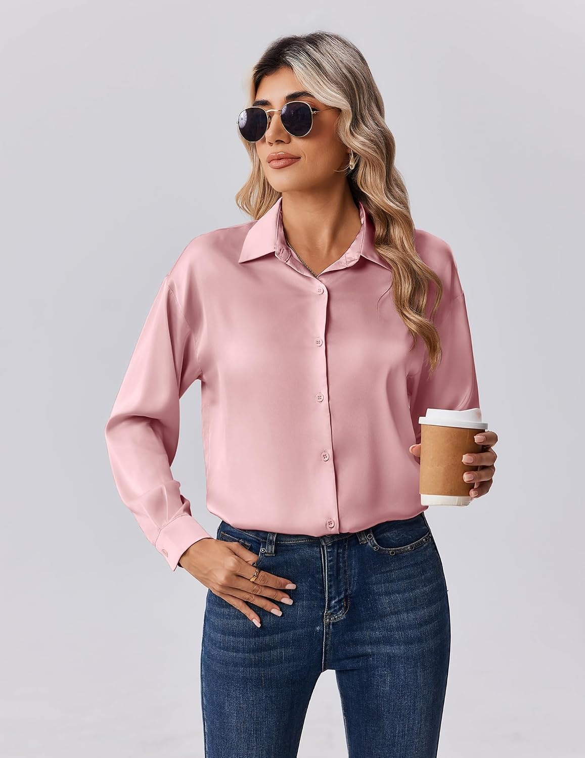 image:imageZeagoo Womens Tops Long Sleeve Satin Silk Button Down Shirts Dressy BlousesPink