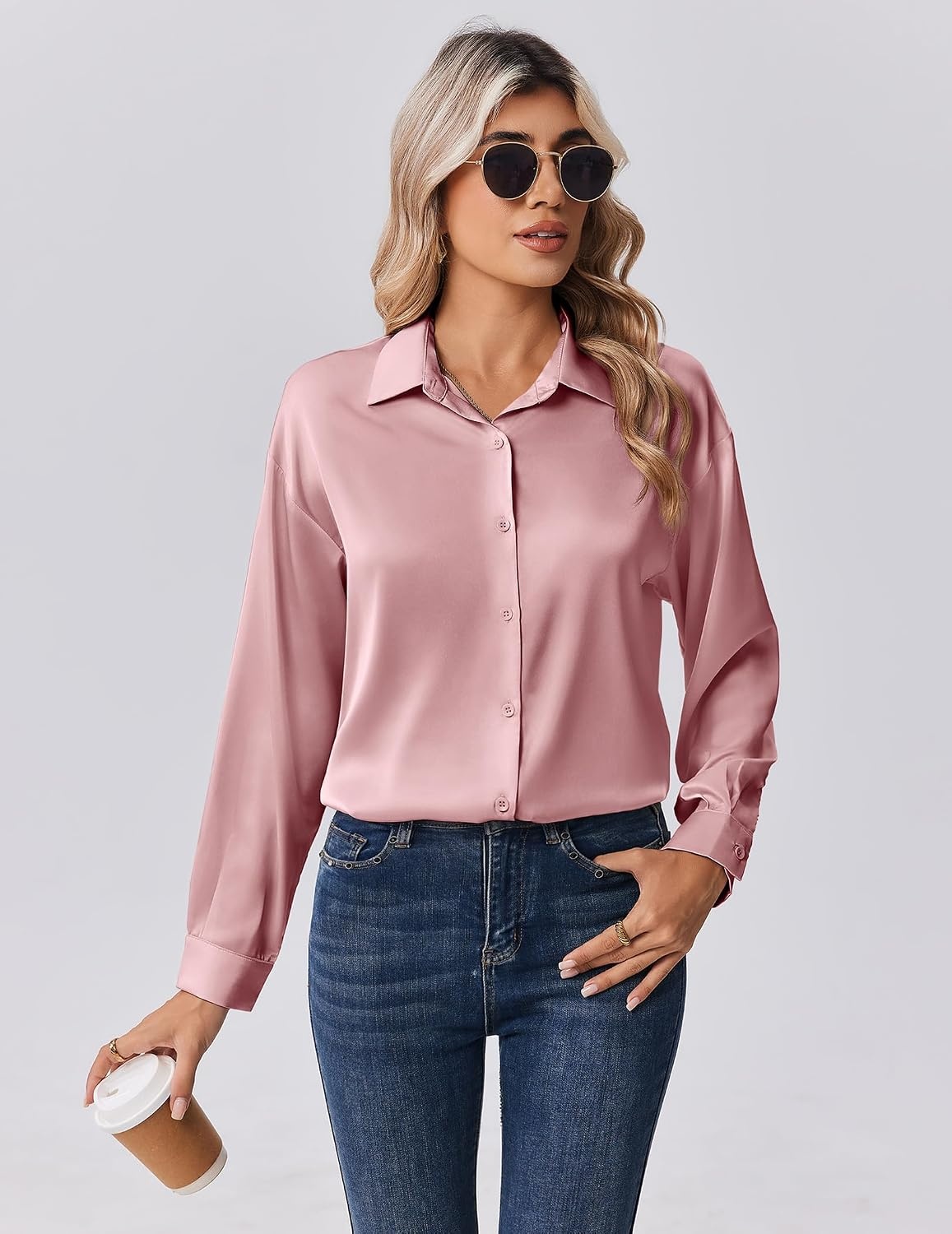 image:imageZeagoo Womens Tops Long Sleeve Satin Silk Button Down Shirts Dressy BlousesPink