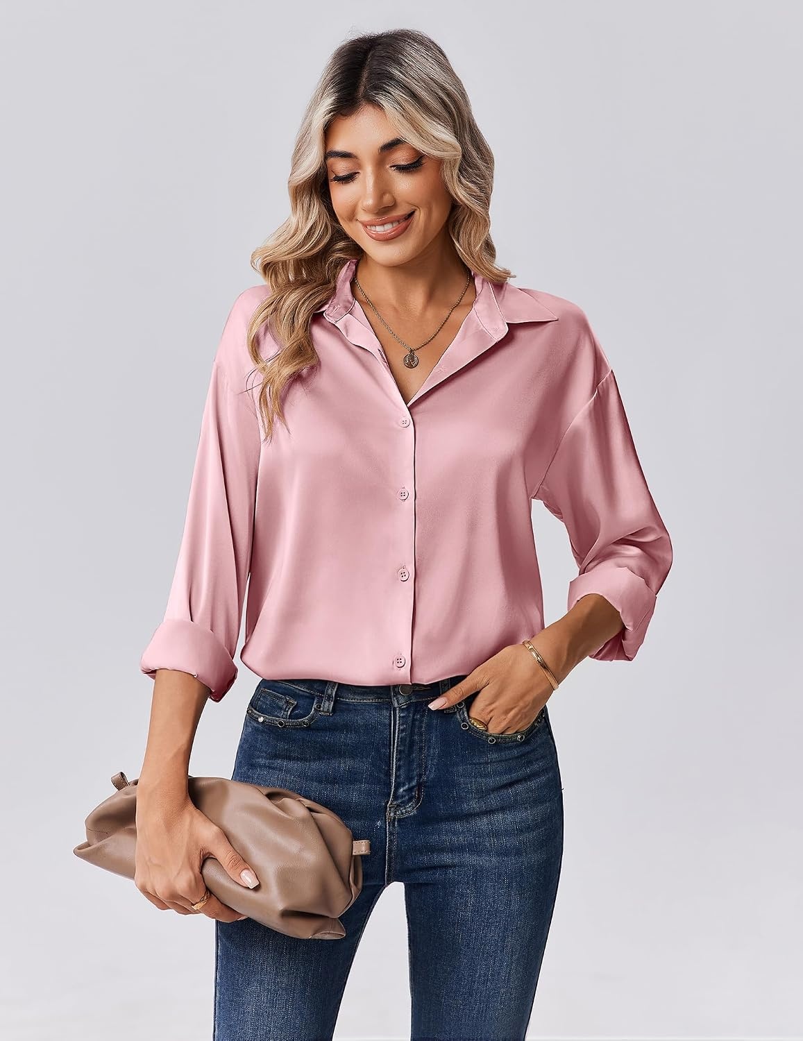 image:imageZeagoo Womens Tops Long Sleeve Satin Silk Button Down Shirts Dressy BlousesPink