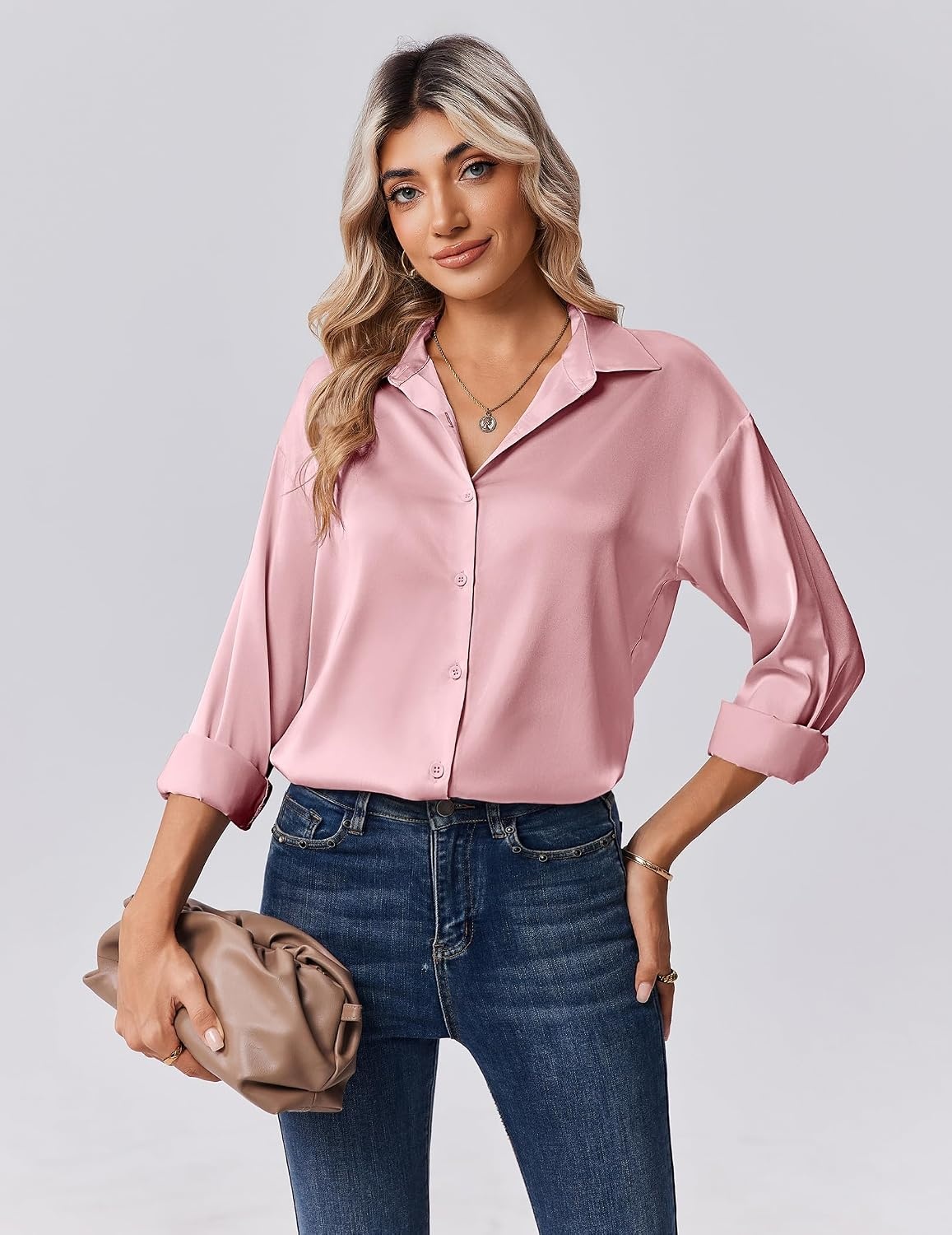 image:imageZeagoo Womens Tops Long Sleeve Satin Silk Button Down Shirts Dressy BlousesPink