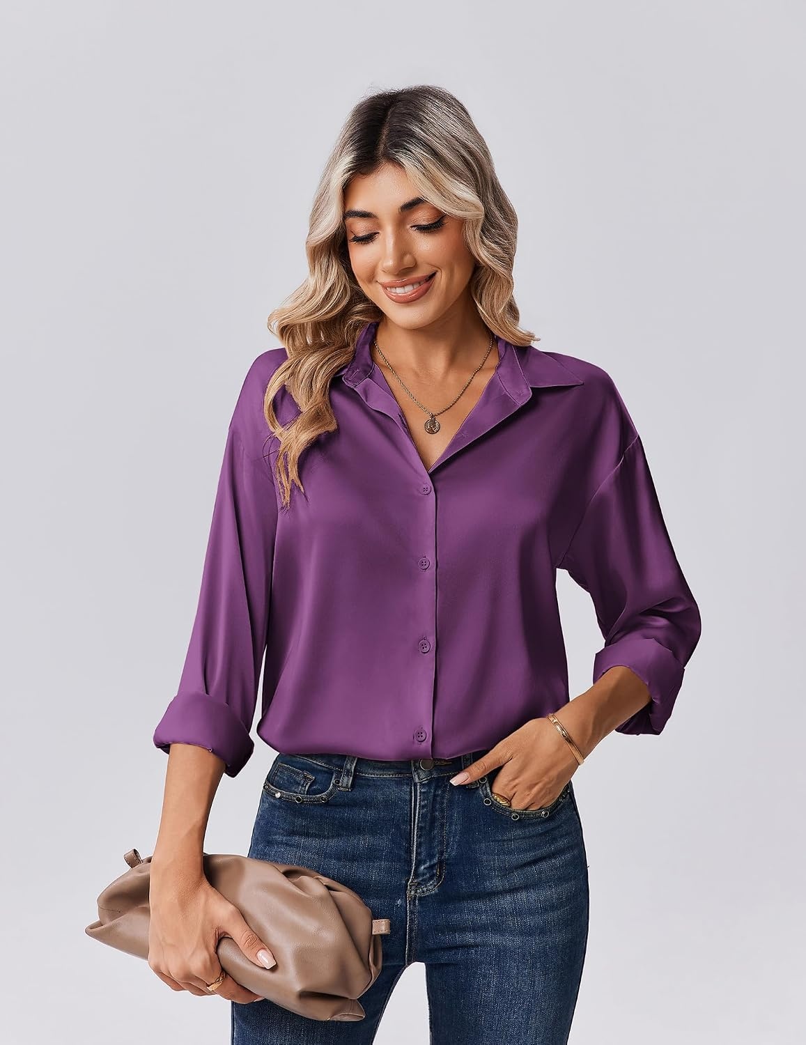 image:imageZeagoo Womens Tops Long Sleeve Satin Silk Button Down Shirts Dressy BlousesPurple 2