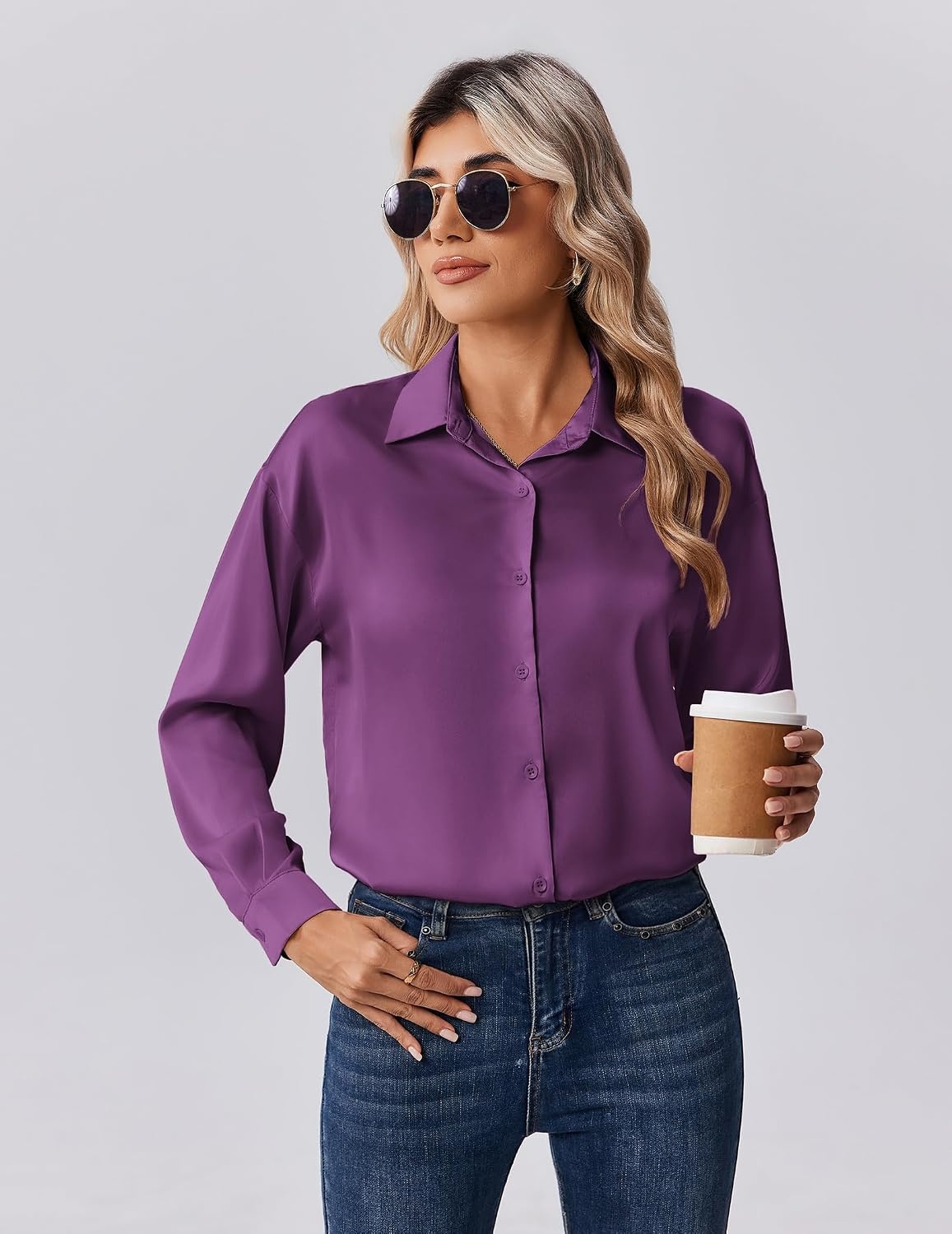 image:imageZeagoo Womens Tops Long Sleeve Satin Silk Button Down Shirts Dressy BlousesPurple 2