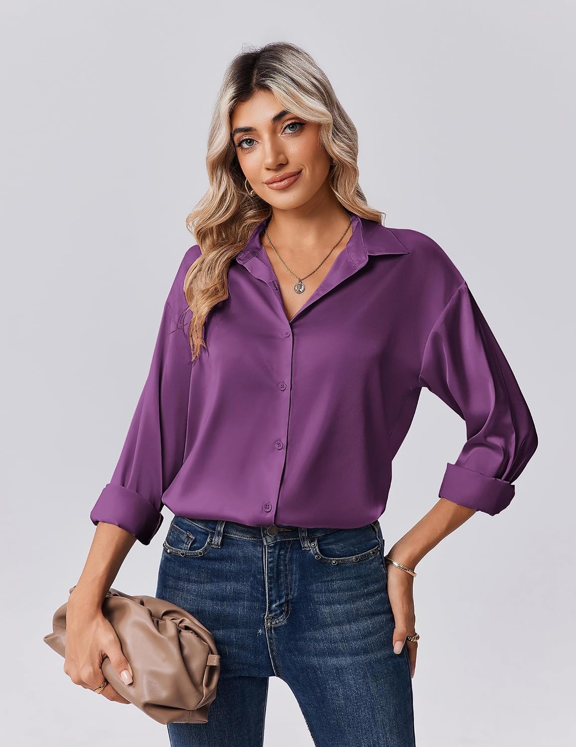 image:imageZeagoo Womens Tops Long Sleeve Satin Silk Button Down Shirts Dressy BlousesPurple 2