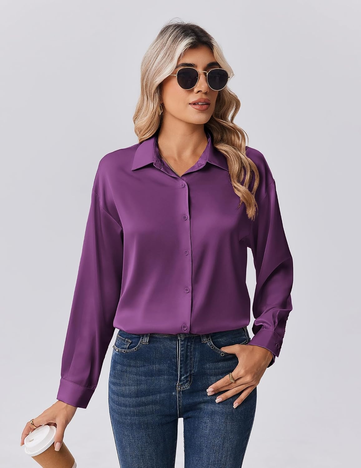 image:imageZeagoo Womens Tops Long Sleeve Satin Silk Button Down Shirts Dressy BlousesPurple 2
