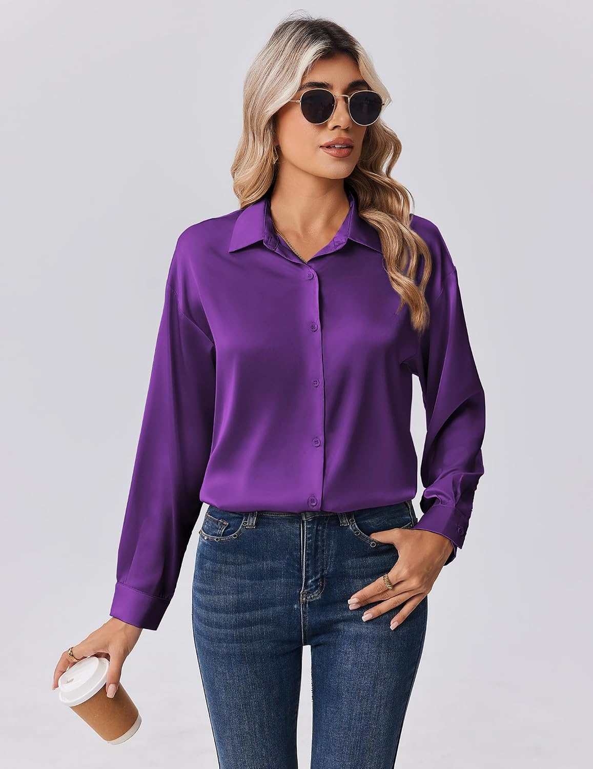 image:imageZeagoo Womens Tops Long Sleeve Satin Silk Button Down Shirts Dressy BlousesPurple