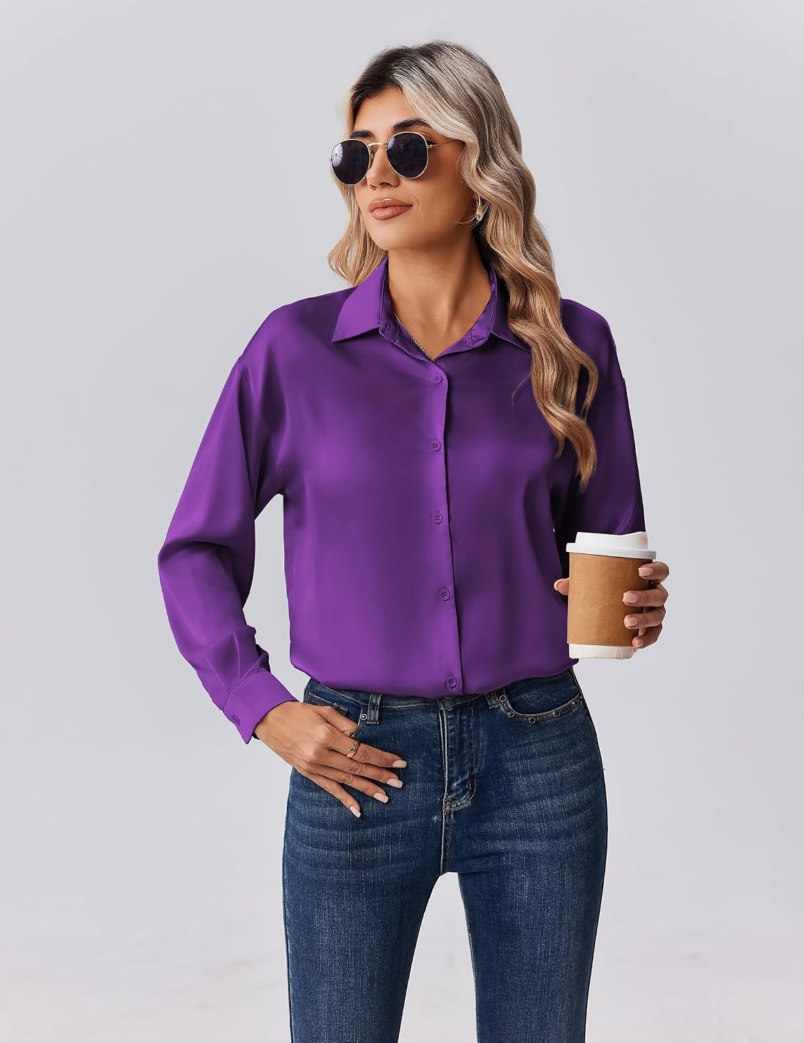 image:imageZeagoo Womens Tops Long Sleeve Satin Silk Button Down Shirts Dressy BlousesPurple