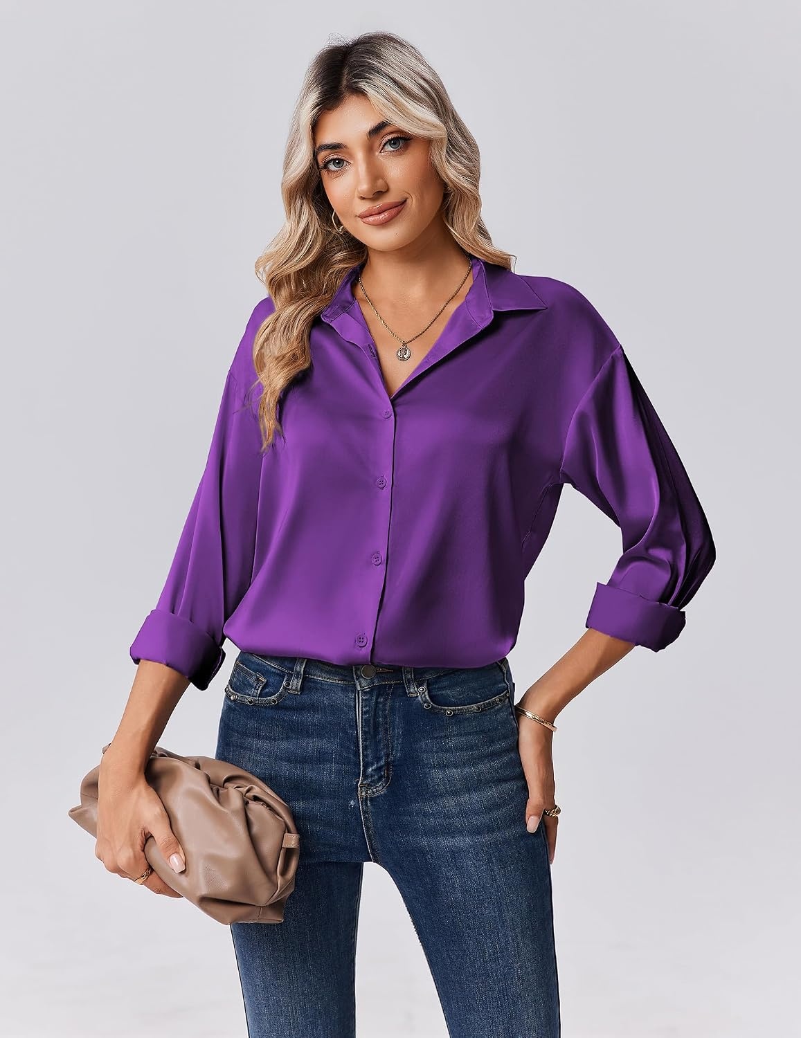 image:imageZeagoo Womens Tops Long Sleeve Satin Silk Button Down Shirts Dressy BlousesPurple