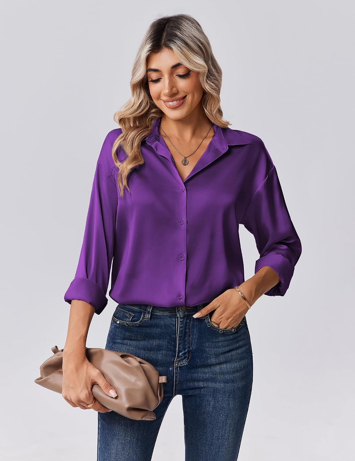 image:imageZeagoo Womens Tops Long Sleeve Satin Silk Button Down Shirts Dressy BlousesPurple