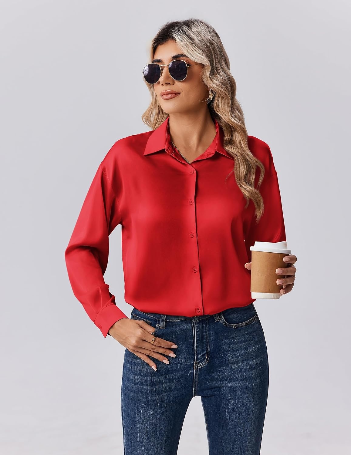 image:imageZeagoo Womens Tops Long Sleeve Satin Silk Button Down Shirts Dressy BlousesRed