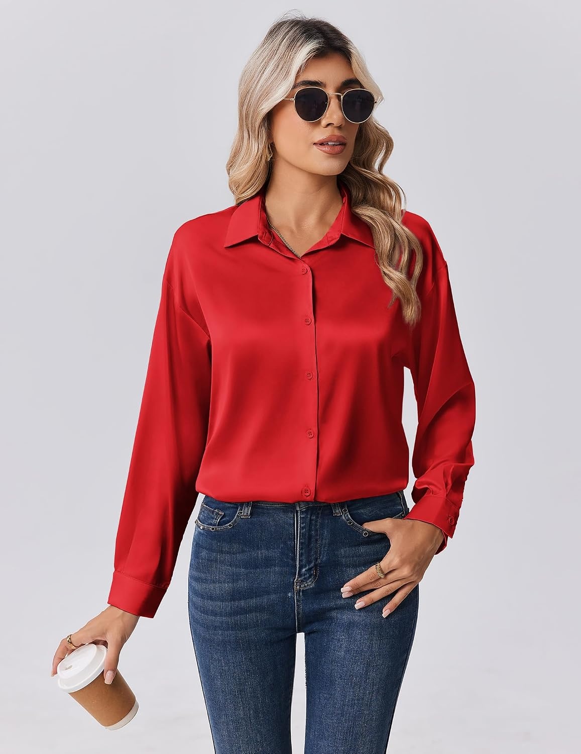 image:imageZeagoo Womens Tops Long Sleeve Satin Silk Button Down Shirts Dressy BlousesRed