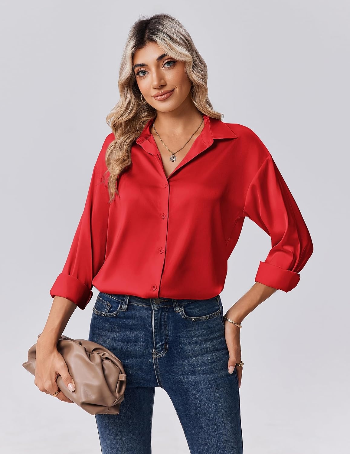 image:imageZeagoo Womens Tops Long Sleeve Satin Silk Button Down Shirts Dressy BlousesRed