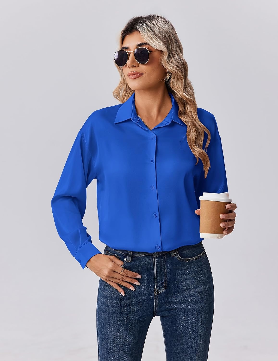 image:imageZeagoo Womens Tops Long Sleeve Satin Silk Button Down Shirts Dressy BlousesRoyal Blue