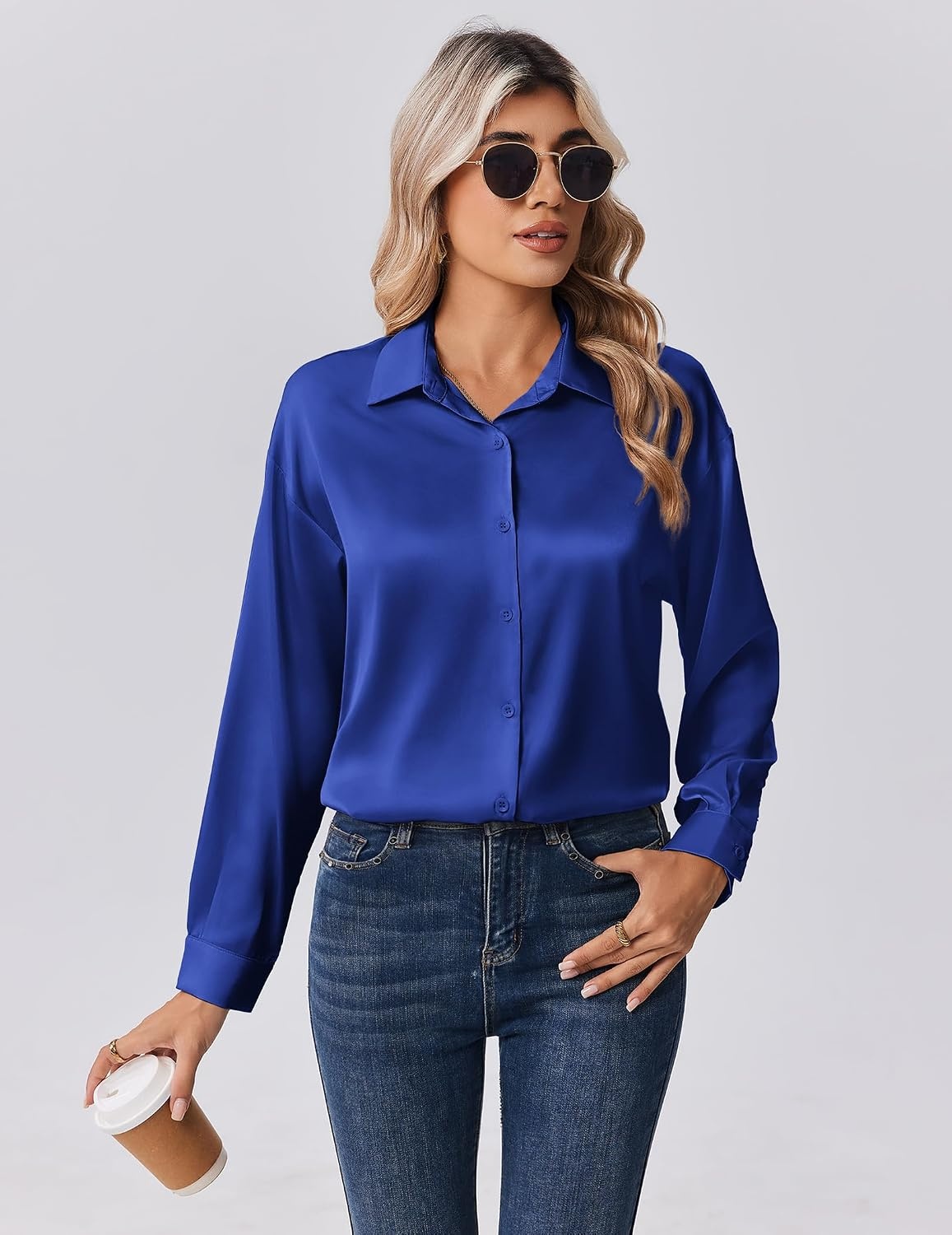 image:imageZeagoo Womens Tops Long Sleeve Satin Silk Button Down Shirts Dressy BlousesRoyal Blue