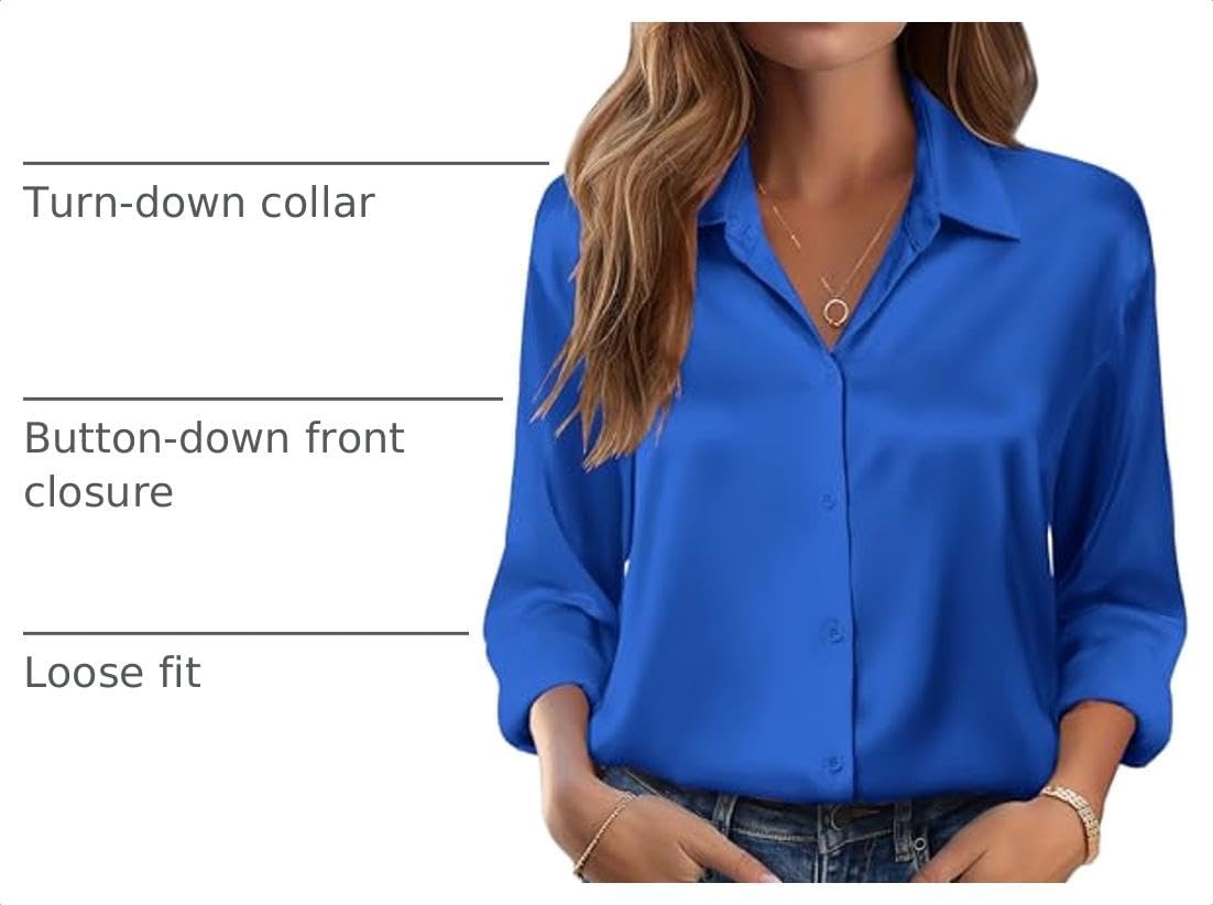 image:imageZeagoo Womens Tops Long Sleeve Satin Silk Button Down Shirts Dressy BlousesRoyal Blue