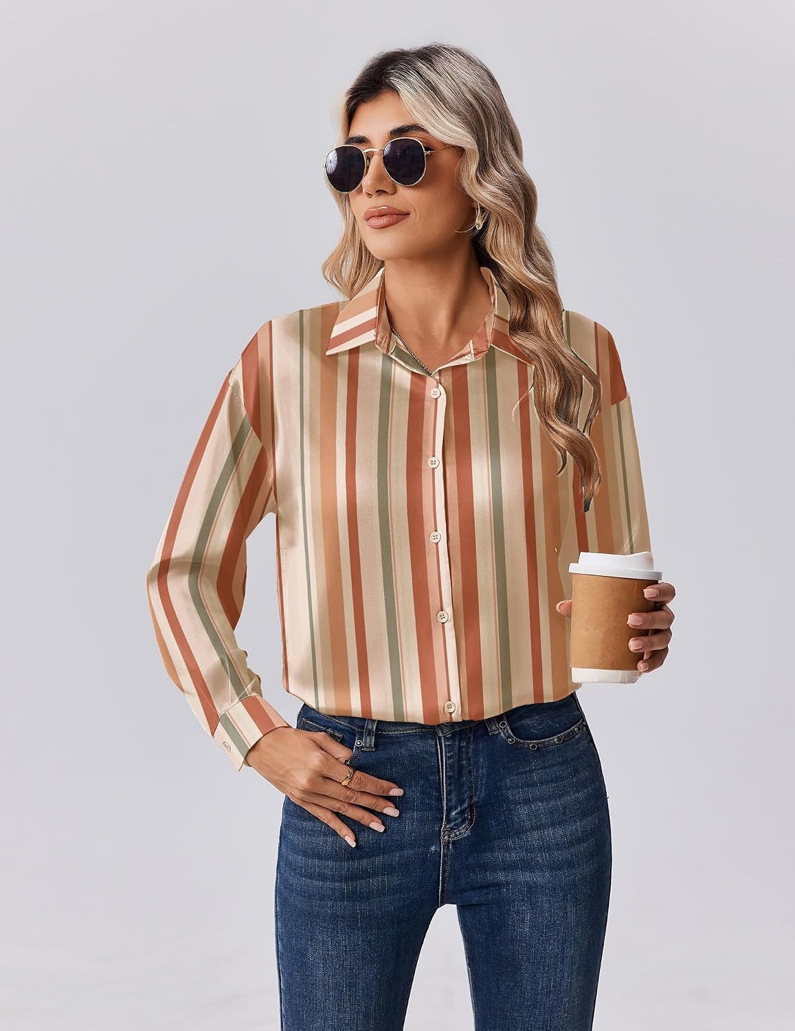 image:imageZeagoo Womens Tops Long Sleeve Satin Silk Button Down Shirts Dressy BlousesStripes 720