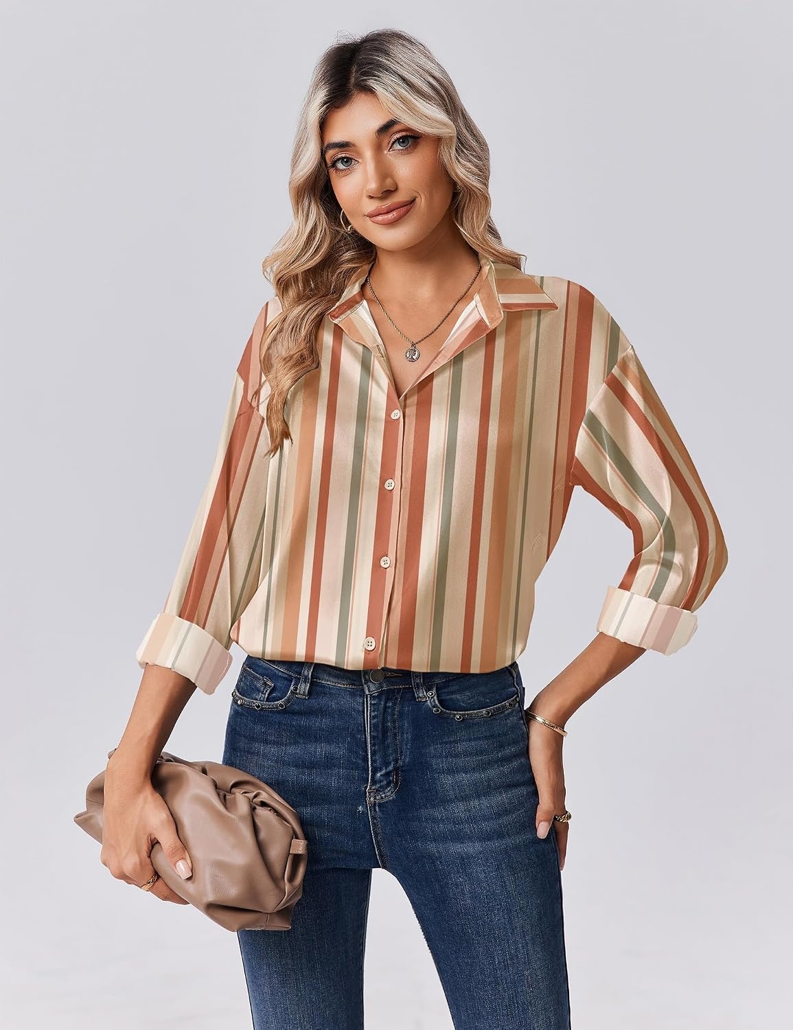 image:imageZeagoo Womens Tops Long Sleeve Satin Silk Button Down Shirts Dressy BlousesStripes 720