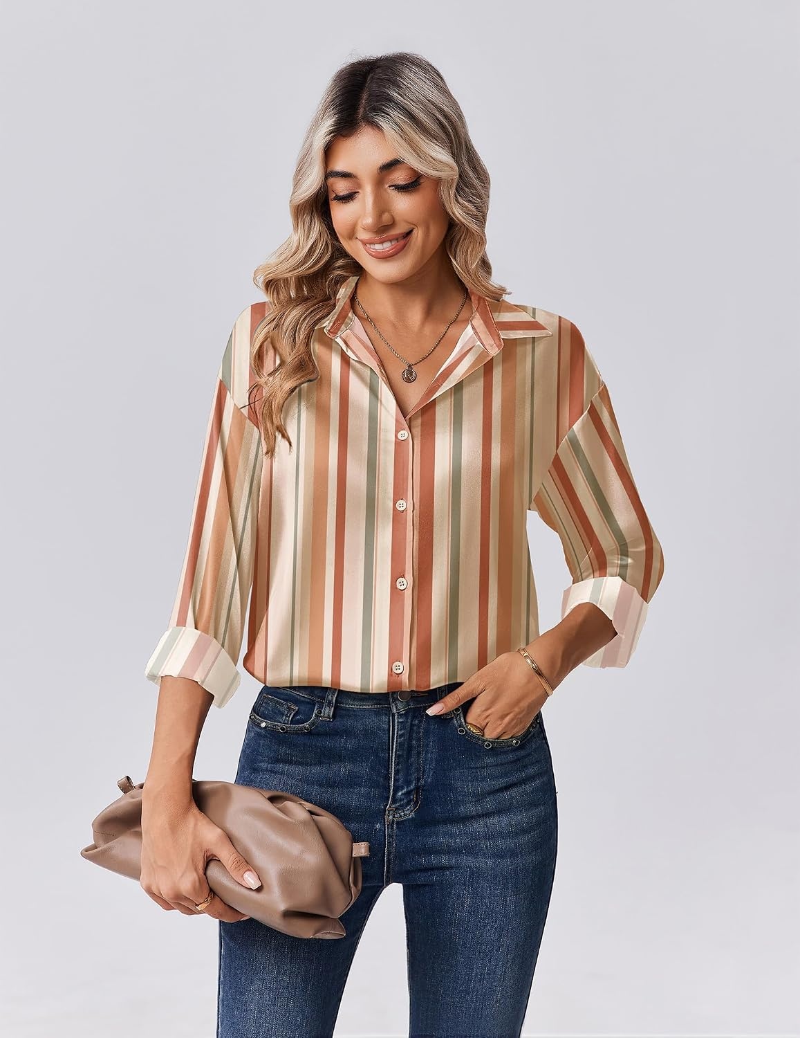 image:imageZeagoo Womens Tops Long Sleeve Satin Silk Button Down Shirts Dressy BlousesStripes 720