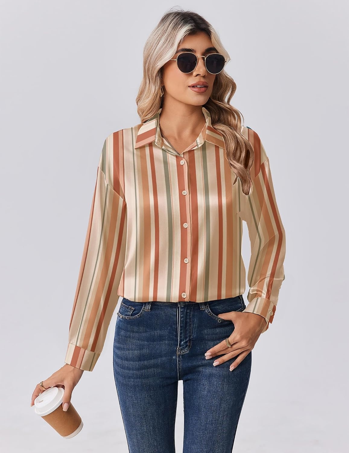image:imageZeagoo Womens Tops Long Sleeve Satin Silk Button Down Shirts Dressy BlousesStripes 720