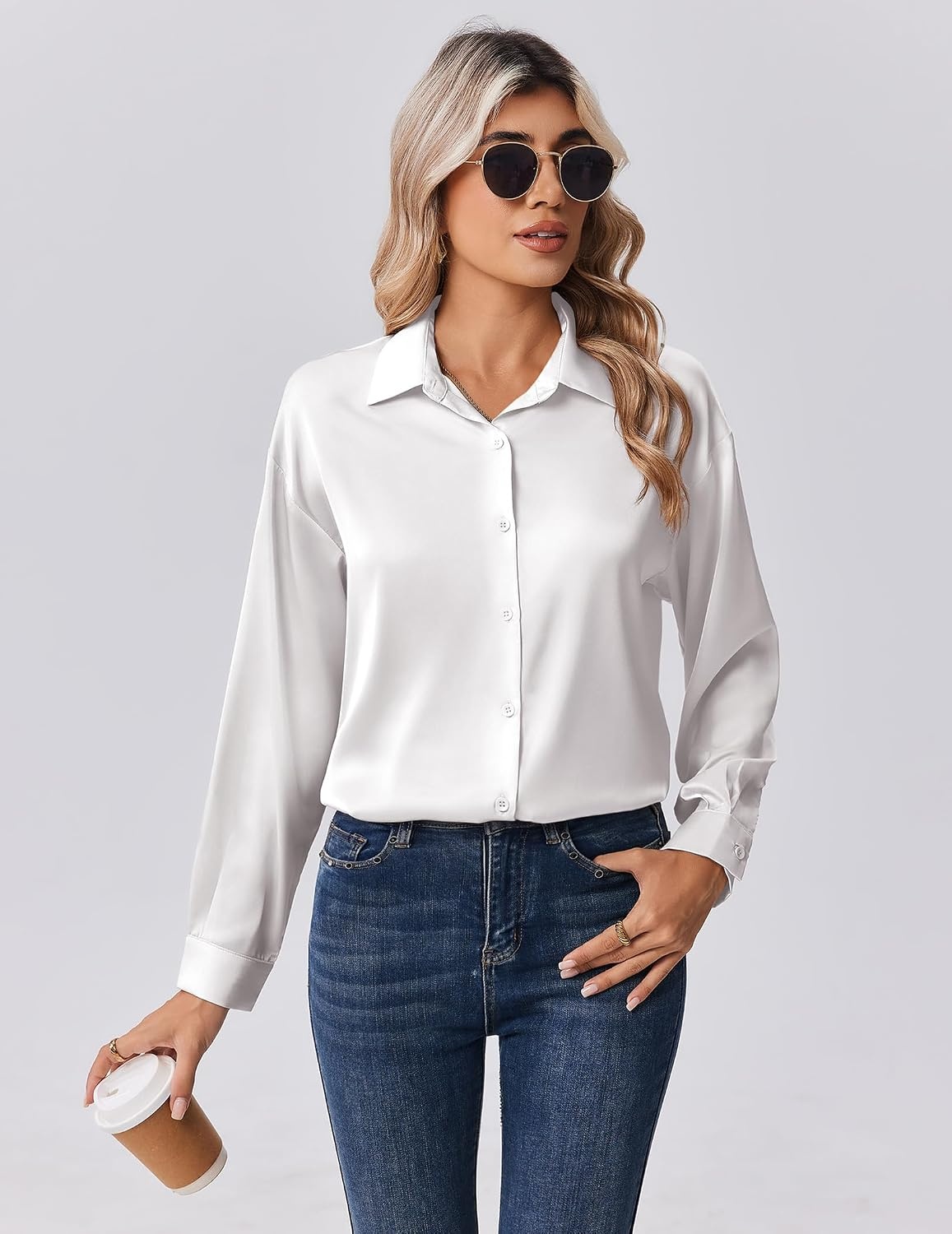 image:imageZeagoo Womens Tops Long Sleeve Satin Silk Button Down Shirts Dressy BlousesWhite