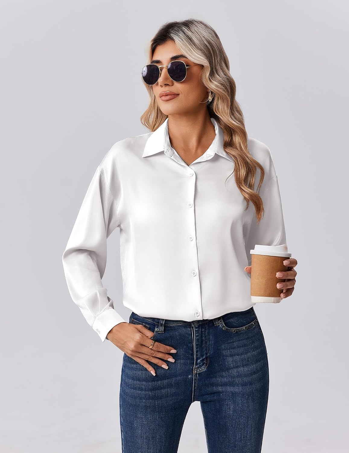 image:imageZeagoo Womens Tops Long Sleeve Satin Silk Button Down Shirts Dressy BlousesWhite