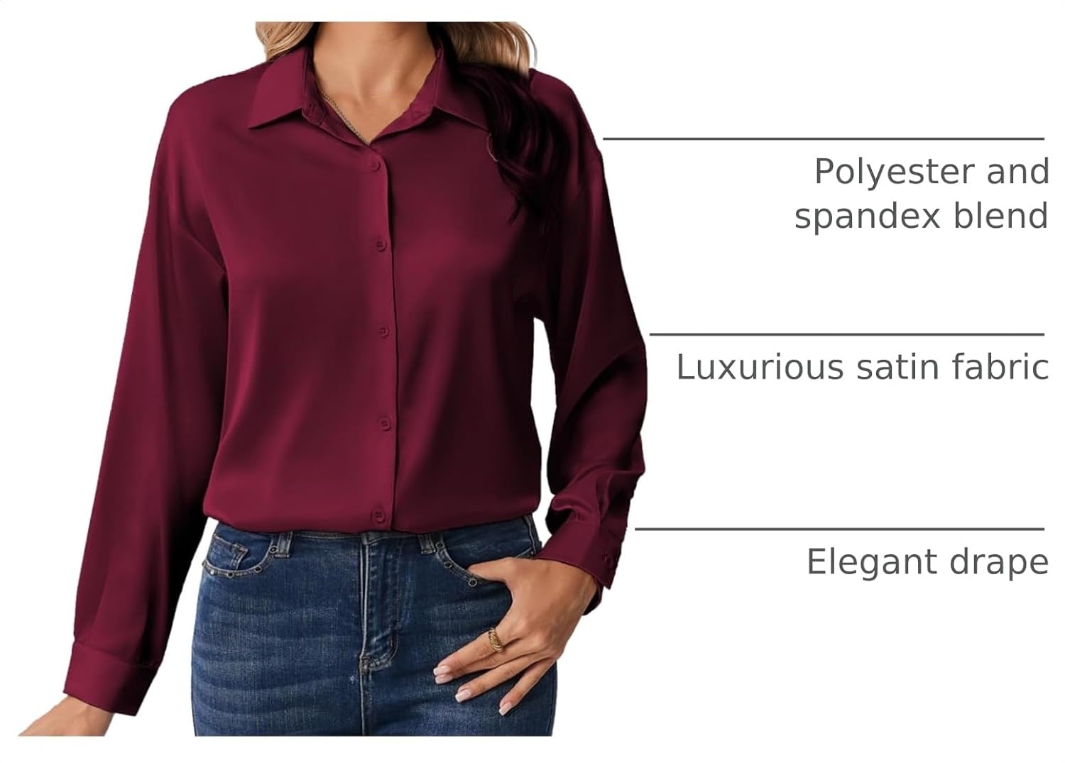 image:imageZeagoo Womens Tops Long Sleeve Satin Silk Button Down Shirts Dressy BlousesWine Red