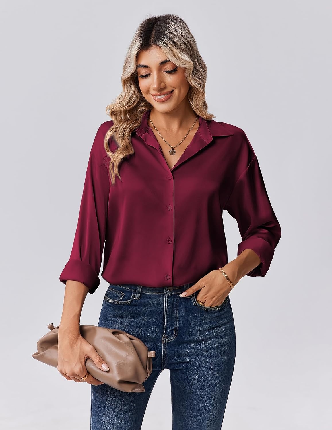 image:imageZeagoo Womens Tops Long Sleeve Satin Silk Button Down Shirts Dressy BlousesWine Red