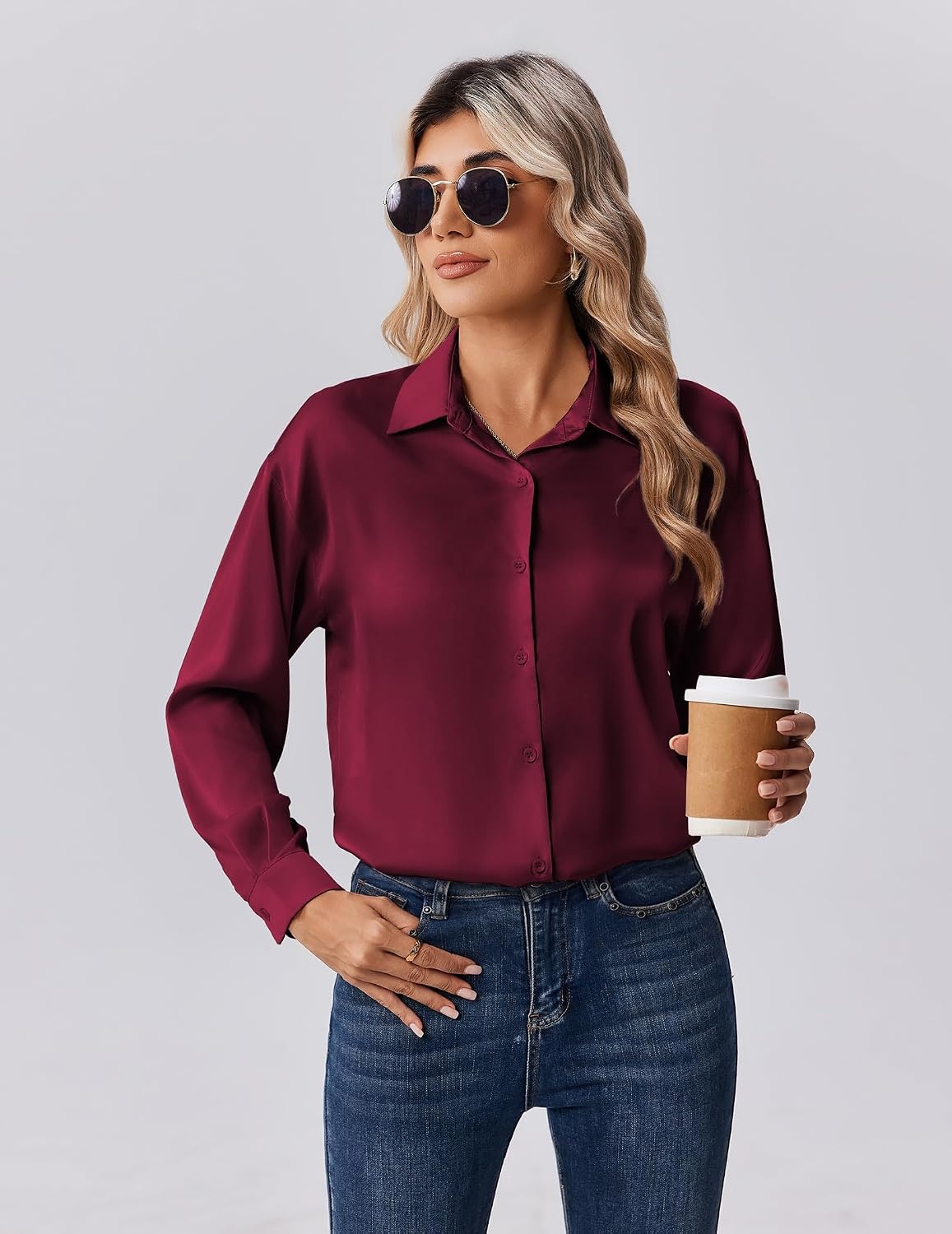 image:imageZeagoo Womens Tops Long Sleeve Satin Silk Button Down Shirts Dressy BlousesWine Red