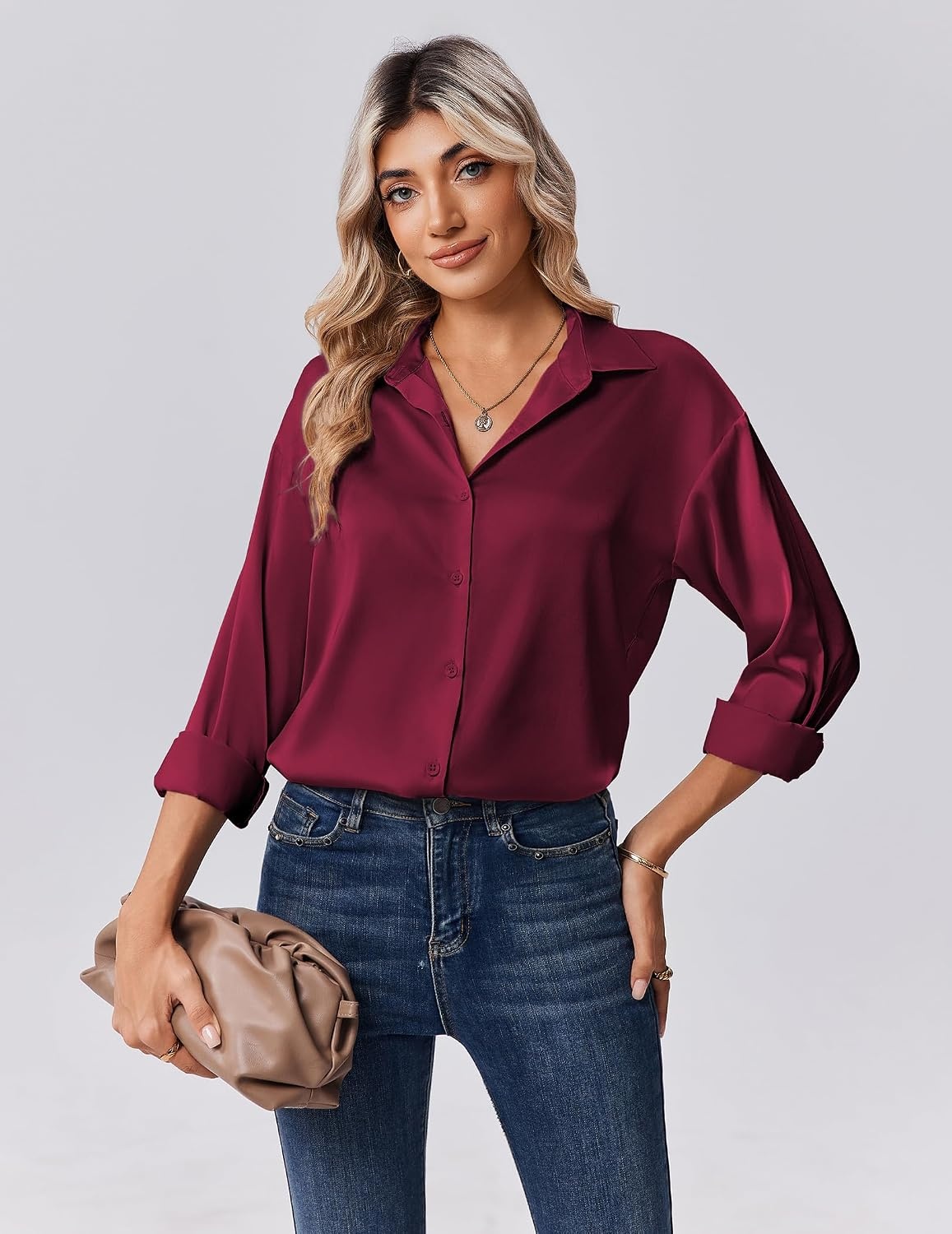 image:imageZeagoo Womens Tops Long Sleeve Satin Silk Button Down Shirts Dressy BlousesWine Red