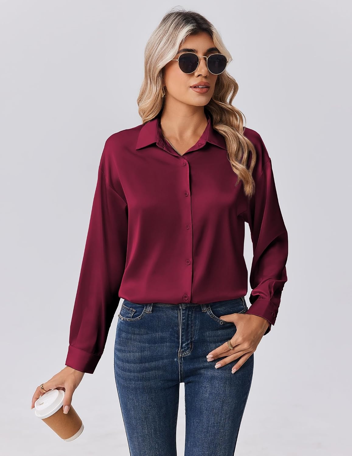 image:imageZeagoo Womens Tops Long Sleeve Satin Silk Button Down Shirts Dressy BlousesWine Red
